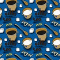 Vector background with coffee cups, milk jugs, beans, a spoon, coffee pots, sugar cubes, a grinder. Modern line style