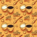 Vector background with coffee cups, milk jugs, beans, a spoon, coffee pots, sugar cubes, a grinder. Modern line style