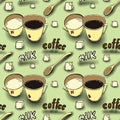 Vector background with coffee cups, milk jugs, beans, a spoon, coffee pots, sugar cubes, a grinder. Modern line style