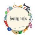 Poster with items for sewing and embroidery. Vector illustration.