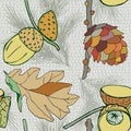 Vector background with cone and acorns and leaves, autumn background, decorative seamless plants Royalty Free Stock Photo