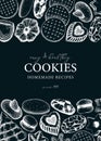 Vector background with cookies on chalkboard. Bakery shop brochure or card vintage design in sketch style. . Cookies with almond