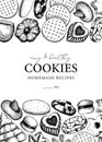 Vector background with cookies isolated on white. Bakery shop brochure or card vintage design in sketch style. . Cookies with
