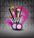 Vector background with cosmetics and make-up objects. (Flyer tem