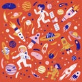Vector background with cosmonauts, satelites, rockets, planets, moon and falling stars in doodle style Royalty Free Stock Photo