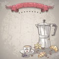 Vector background with a cup of coffee, coffee and croissants. Royalty Free Stock Photo