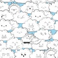 Vector background with cute doodle clouds. Seamless wallpaper, texture, background. Packing for a gift, banner, card