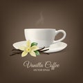 Vector Background with 3d Realistic Composition - White Cup of Coffee, Sweet Scented Fresh Vanilla Flower, Dried Seed