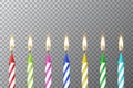 Vector background with 3d realistic different birthday party colofful wax paraffin burning cake candle set closeup