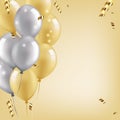 Vector background of 3D realistic inflatable balls. Festive poster of golden and silver balloons with ribbons, copy space