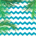 Vector background with decorative topical palm leaves on background of blue waves in zigzag shape. Place for text.