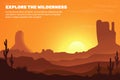 Vector background of the desert, consisting of the sun, sand, mountains and cactus - Vector