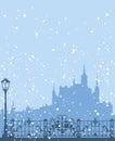 Vector background design of winter snowfall in fairy tale medieval city with castle Royalty Free Stock Photo