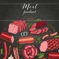 Vector background with different color meat products in sketch style. Sausages, ham, bacon, lard, salami Royalty Free Stock Photo