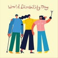 Vector background with disabled people, young handycap persons and friends near helping. World Disability Day.