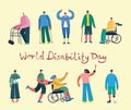 Vector background with disabled people, young handycap persons and friends near helping. World Disability Day.
