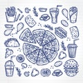 Vector background with doodle fast food dishes