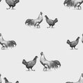 Seamless pattern of drawn farm roosters and hens