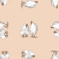 Seamless pattern of drawn white cocks and hens