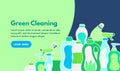 Vector background with eco friendly household cleaning supplies. Natural detergents. Landing page template