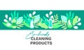 Vector background with eco friendly household cleaning supplies. Natural detergents. Landing page template