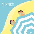 Vector background feet in slippers on the background of the beach and the beach umbrella top view.