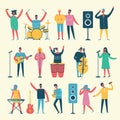 Vector background in a flat style of group of singing, playing guitar, drums, piano, saxophone and other music instrument people