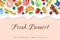Vector background with flowing cream, sweets and dessert on pink. cute bakery pastry banner with berries, dripping yogurt or