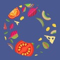 Vector background in the form of a wide ring pizza toppings flat style.
