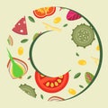 Vector background in the form of a wide ring pizza toppings flat style.