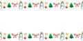 Vector background, frame, border of color festive Christmas symbols in doodle style. Horizontal top and bottom edging Royalty Free Stock Photo