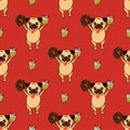 Vector background with funny pug, cupcake and donut.