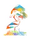 Vector background with a graphic colorful drawings of pairs of storks in the nest