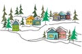 Cute cozy winter country landscape like a childish drawing