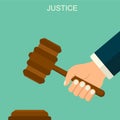 Vector background with hand holding judges gave. Judge arm with hummer. Justice flat style pattern. Law and order concept. Royalty Free Stock Photo