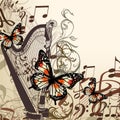 Vector background with harp, notes and butterflies Royalty Free Stock Photo