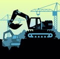 Vector background illustration of excavator loader tractor digging ground earth industrial construction site in flat