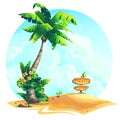 Vector background illustration palm tree with wooden sign on sand Royalty Free Stock Photo