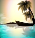 Vector background image of a silhouette of a lonely boat standing under palm trees near the shore