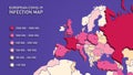 Vector background. Infographics. Geographic map of Europe. Coronavirus infection statistics in European countries. Covid-19.