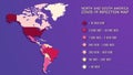 Vector background. Infographics. Geographic map of North and South America. Coronavirus infection statistics in the Americas. Royalty Free Stock Photo