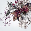 Vector background with lily flowers and birds in engraved style Royalty Free Stock Photo