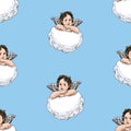 Seamless pattern of little angels on clouds in blue sky Royalty Free Stock Photo