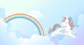 Vector background in for magic design. Cute unicorn jumps on fluffy cloud and bright rainbow in the blue sky