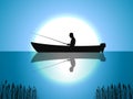 Vector background moon fisherman on boat fishes Royalty Free Stock Photo