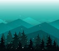 Vector Background with Mountains and fir trees silhouettes. Evening or fairy night landscape Royalty Free Stock Photo