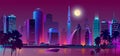 Vector night purple city, river with boat Royalty Free Stock Photo