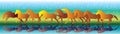 Vector background with orange horses running gallop on the water