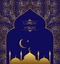 Vector background with an ornament and a silhouette Islamic mosque.