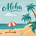 Vector background with palm trees, beach lounger and umbrella. Summer beach. Seaside landscape, tropical beach relax. Aloha.
